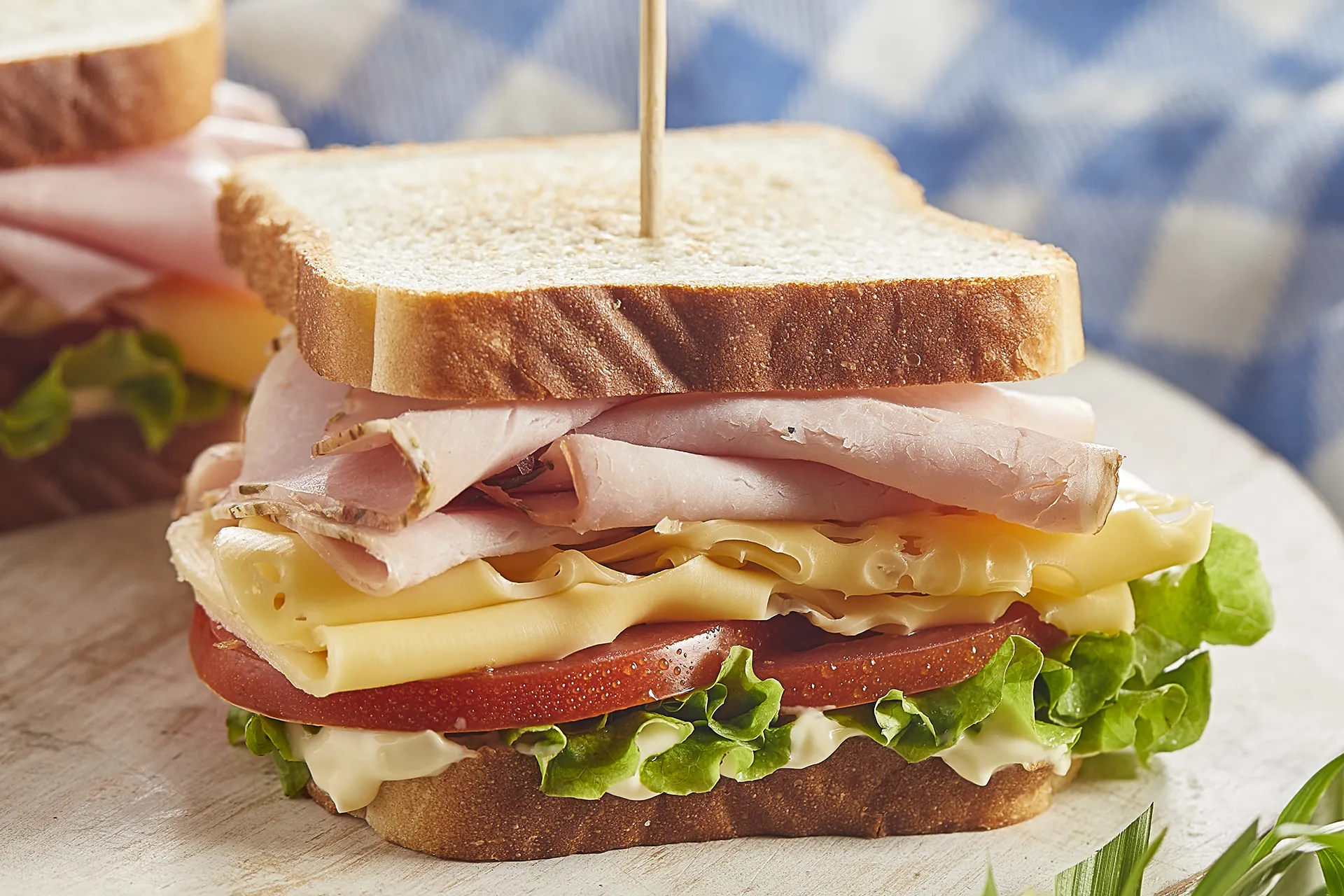 Sándwich con queso, lechuga, tomate, mayonesa y pechuga de pavo a las finas hierbas